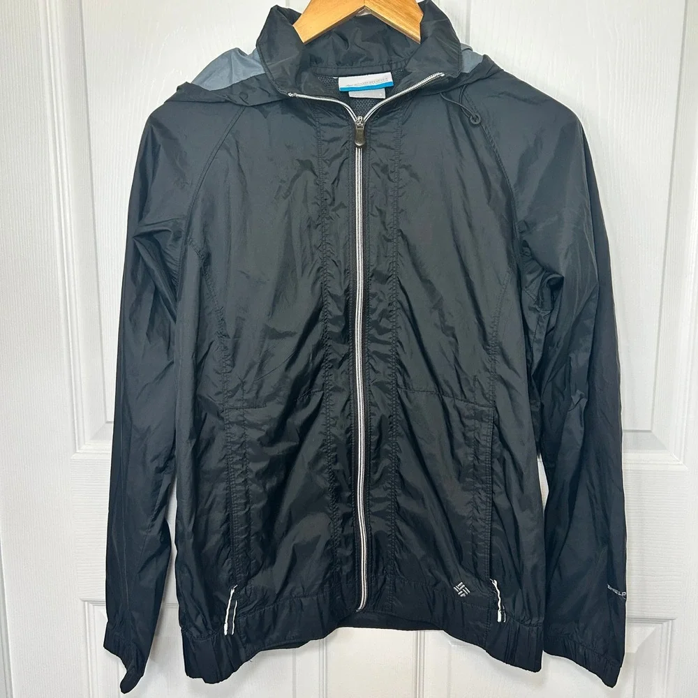 Columbia Mens Jacket Small Windbreaker Zip Hooded Black‎ Lightweight OmniShield